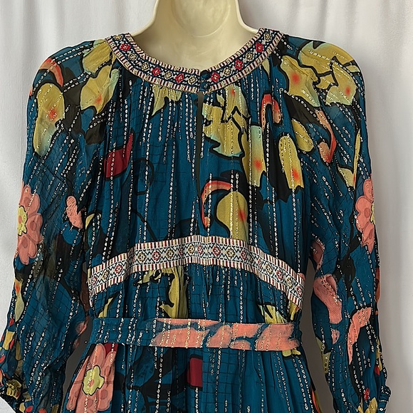 Anthropologie Verb Pallavi NWT Boho Dark Blue Floral Eulalia Gold Dress **Sz 4** - Picture 4 of 5
